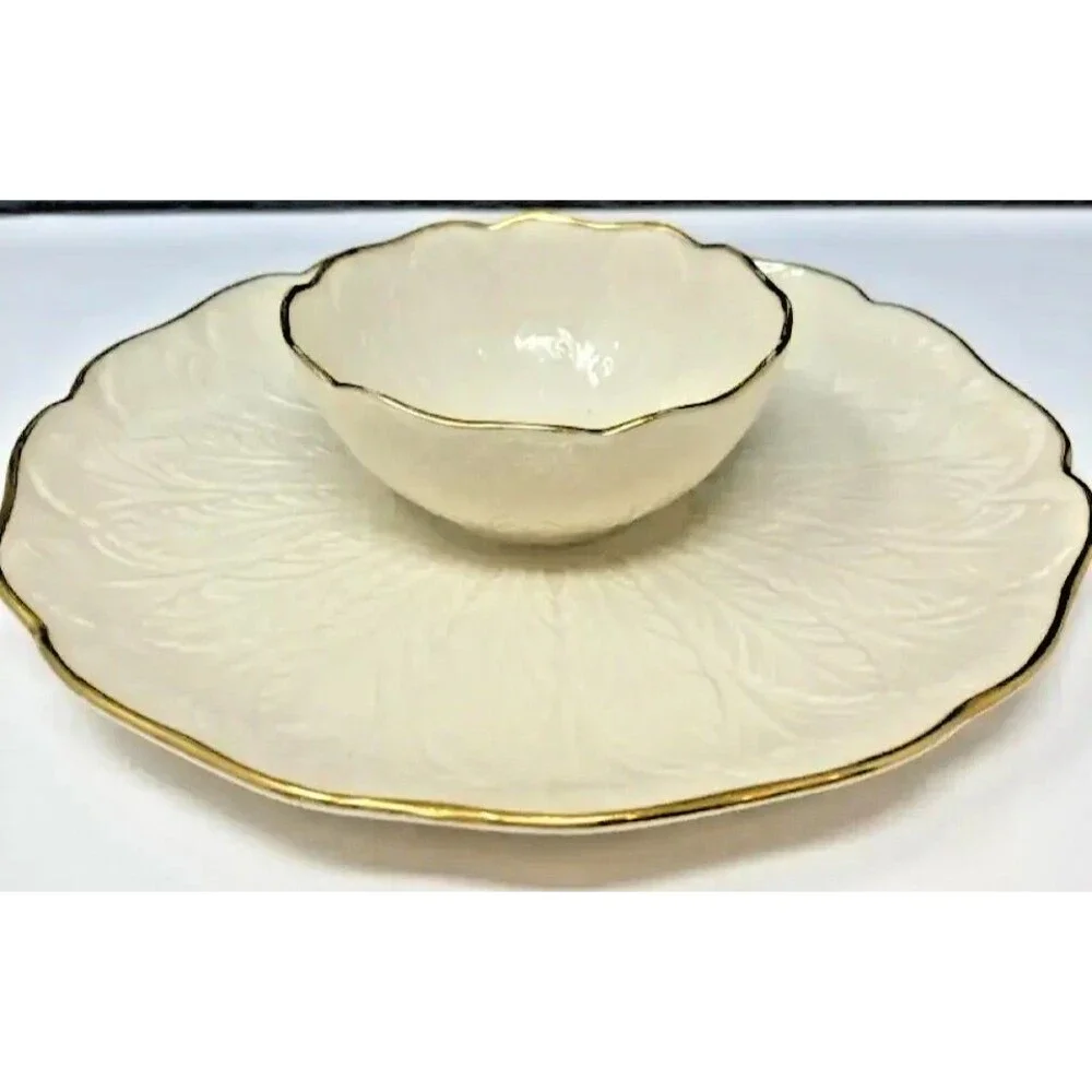 Lenox CHIP & DIP SET Greenfield Collection Embossed Ivory Porcelain 24k Gold 10